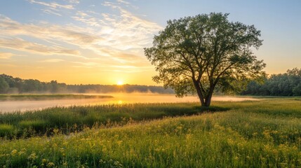 Obraz premium A serene landscape at sunrise featuring a tree by a misty river and blooming flowers.