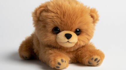 Obraz premium A soft, fluffy, brown teddy bear with black eyes and a black nose is lying down on a white background.