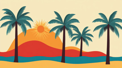 Obraz premium Tropical landscape with palm trees and vibrant sunset scene