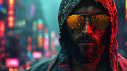 A mysterious man in a rain-soaked hoodie with reflective sunglasses, neon cityscape background
