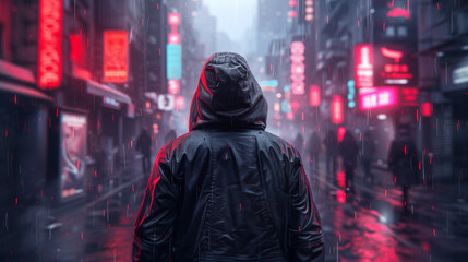 Obraz premium A person in a hooded jacket stands in a neon-lit, rainy city street, evoking a cyberpunk atmosphere