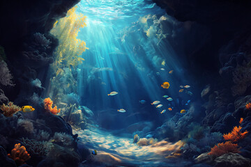 An underwater cave within a coral reef with fish swimming in and out of the shadows.