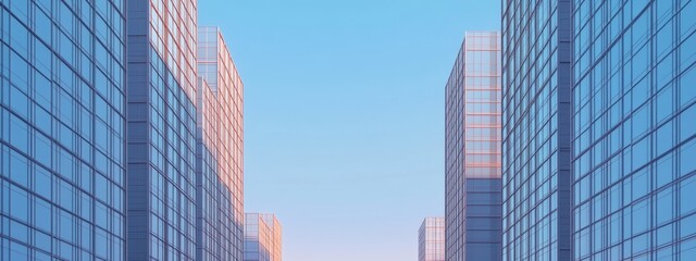 Fototapeta premium Uniform skyscrapers ascending into a pristine blue sky, showcasing modern architecture and urban symmetry in a vibrant cityscape