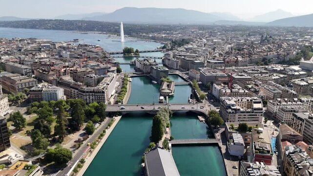 Drone flight over the Rhone River in Geneva, Switzerland