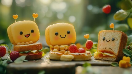 Obraz premium Adorable sandwich characters with smiling faces, surrounded by fresh fruits, creating a playful and joyful food scene in a natural setting.