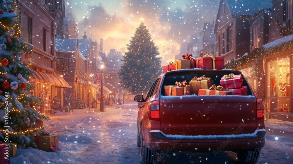 Poster a red car loaded with colorful presents is parked on a snowy street, surrounded by twinkling lights 
