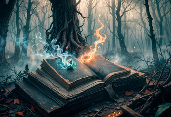 Obraz premium Watercolor painting. Old book of rituals. Dark magic, inscriptions, pictures, fairies, trees in the background, smoke, sparks-generated by ai