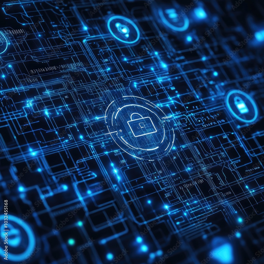 Fototapete A digital background featuring cybersecurity symbols and a secure padlock, representing data protection and technology innovation.