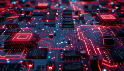 Obraz premium Red Neon Circuitry A Close-Up Look at the Heart of Technology
