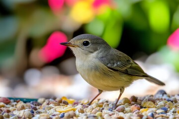 Colorful backyard songbird on pebble path amidst vibrant blossoms