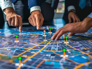 Strategic Planning Hands Pointing at City Map with Pins