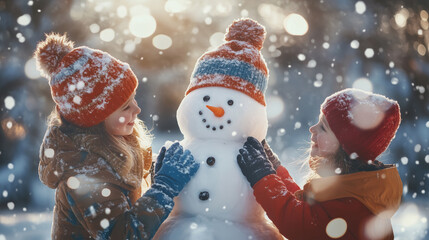 Children build snowman, Kids building snow man playing outdoors on snowy winter day, Outdoor family fun on Christmas vacation, Boy and girl play snow balls, generative ai