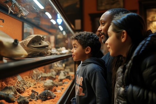 Family exploring a fascinating natural history museum exhibit together