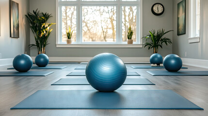 A yoga studio with several Pilates balls arranged on mats, ready for a group class, emphasizing the clean and peaceful environment.