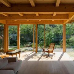 Sunlit Living Room with Glass Walls and Wooden Beams