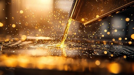 Chemical synthesis concept. Metal and acid reaction, sparks flying as metal dissolves, macro view, detailed chemical bonds breaking, chemical reaction, metal dissolution process