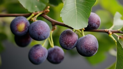 Fototapeta premium Fresh plums growing on a tree branch with green leaves in a sunny garden during late summer