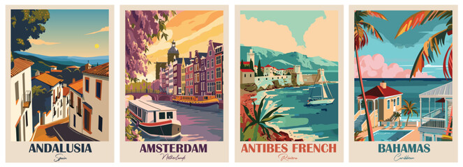 Amsterdam, Netherlands, Bahamas, Caribbean, Andalusia, Spain, Antibes French Riviera. Vintage Travel Poster. Vector illustration. High quality prints