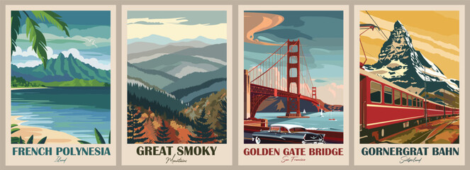 Great Smoky Mountains, Gornergrat Bahn, Zermatt, Switzerland, French Polynesia, Island, Golden Gate Bridge, San Francisco. Vintage Travel Poster. Vector illustration. High quality prints