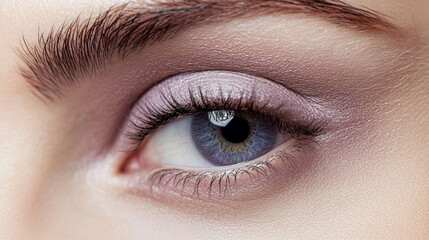 Obraz premium Closeup of beautiful female eye with classic makeup in purple and blue tones emphasizing the beauty and health of the skin