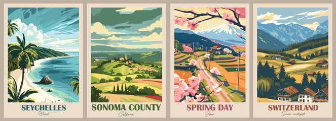 Spring day, Japan, Seychelles, Beach, Sonoma County, California, Summer countryside, Switzerland. Vintage Travel Poster. Vector illustration. High quality prints