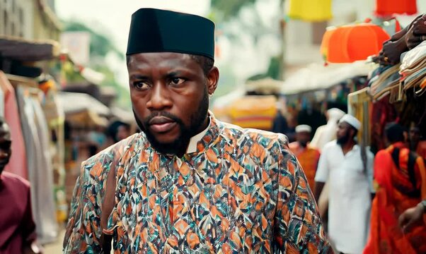 Gambian Man Commuting Hurry in Vibrant Market Scene