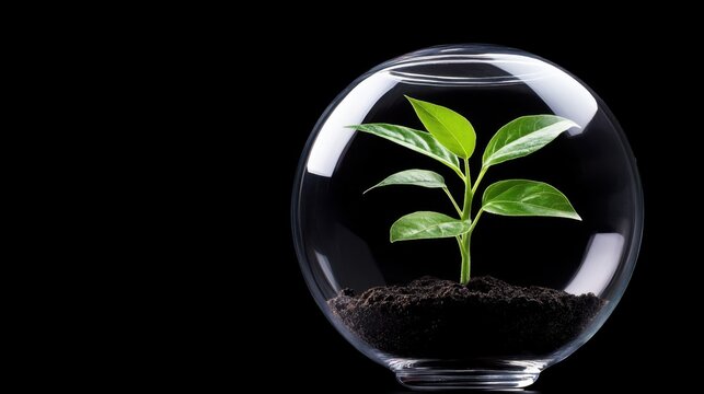 Fototapeta A green plant growing inside a glass bubble, reflecting themes of nature conservation and eco-friendly urban living.