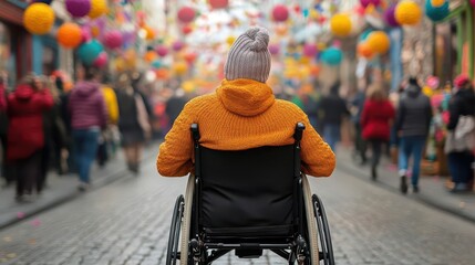 Obraz premium A person in a wheelchair participating in a street festival, surrounded by colorful decorations and happy people