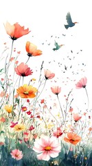Vibrant Watercolor Meadow with Flowers and Birds