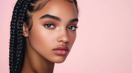 Black women with elegant braids and glowing skin on vibrant backdrops, ideal for luxury skincare or cosmetic promotions. Pink Background.