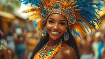 Fototapeta premium A young woman smiles brightly while wearing a traditional feathered headdress and jewelry.