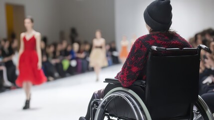 A person in a wheelchair attending a fashion show, watching models on the runway