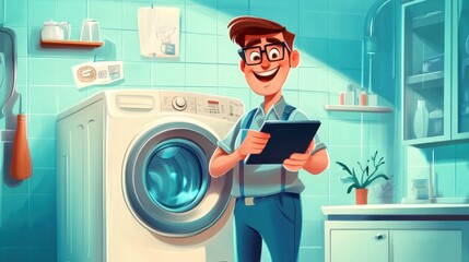 A happy cartoon technician holds a tablet while assisting with a washing machine repair, capturing the ease and professionalism of appliance services.