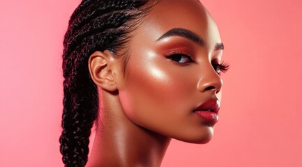 Black women with elegant braids and glowing skin on vibrant backdrops, ideal for luxury skincare or cosmetic promotions. Pink Background.