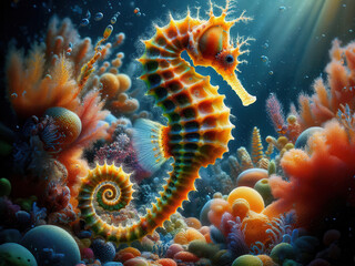 Seahorse gracefully swimming among colorful coral reefs, emphasizing its delicate, curled tail and intricate body texture, showcasing its unique features