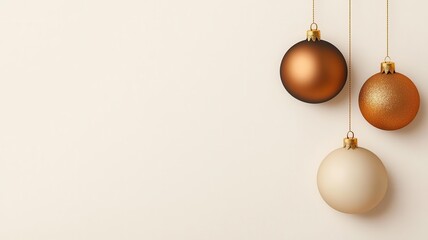 Simple watercolor Christmas ornaments with golden touches, floating on a light cream background, minimalist and seamless