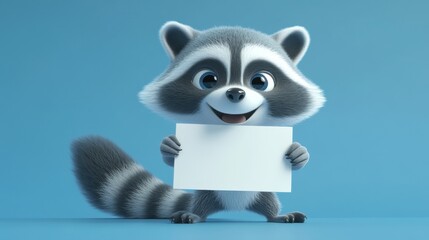 Fototapeta premium A happy raccoon holding a blank sign, ideal for adding promotional messages or creative content in a playful scene.