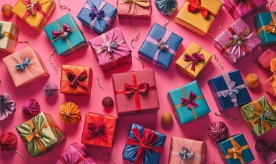 Celebrate in style with our vibrant banner featuring a multitude of gift boxes adorned with velvet ribbons and paper decorations