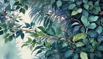 Collection of tropical leaves,foliage plant in blue color with space background, Painting-Art, Provocative-Art, Watercolor-Art