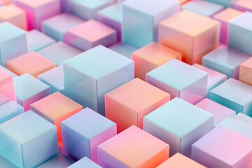 Obraz premium Abstract background with pastel-colored cubes in different sizes, a soft and smooth gradient from light blue to pink
