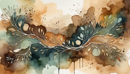 An intricate watercolor design features delicate leaves intertwined amid soft hues of blue, green, and earthy browns, evoking a sense of tranquility and nature