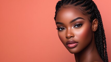 Black women with elegant braids and glowing skin on vibrant backdrops, ideal for luxury skincare or cosmetic promotions. Pink Background.