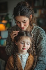 Woman combing a little girl's hair