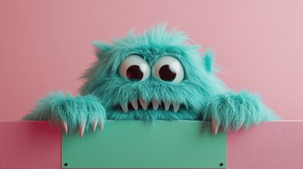 A joyful fluffy monster looks over a mint green sign on a pink backdrop, bringing a sense of fun and whimsy to any design.
