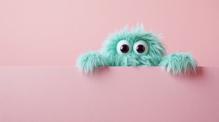 A joyful fluffy monster looks over a mint green sign on a pink backdrop, bringing a sense of fun and whimsy to any design.