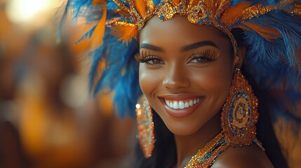 Fototapeta premium A young woman in a vibrant Carnival costume smiles at the camera.