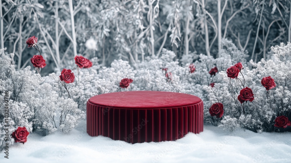 Aufkleber in a serene winter forest, a plush red platform is centrally positioned amidst delicate snowflakes a