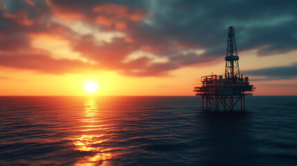 Obraz premium A stunning oil rig silhouette against a vibrant sunset over the ocean, showcasing the intersection of nature and industry in an expansive seascape.
