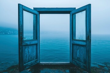 Open Doors Leading to a Misty Ocean Horizon