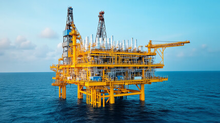 A vibrant offshore oil rig stands tall against the azure sea, showcasing engineering prowess and energy production in a stunning maritime environment.